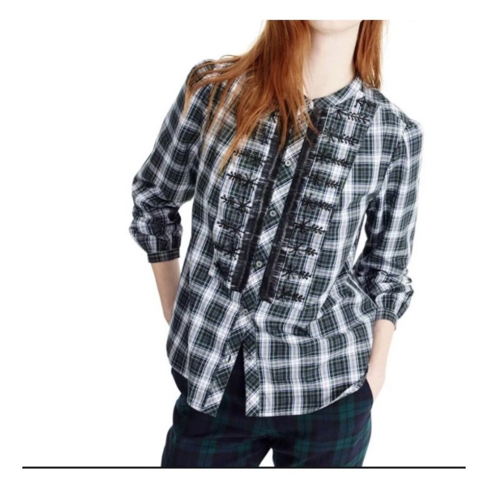 J. Crew Womens embellished beadwork button up, tartan plaid, long sleeve shirt.